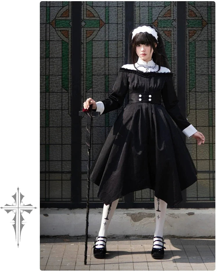 Nun style stand up collar gothic dress