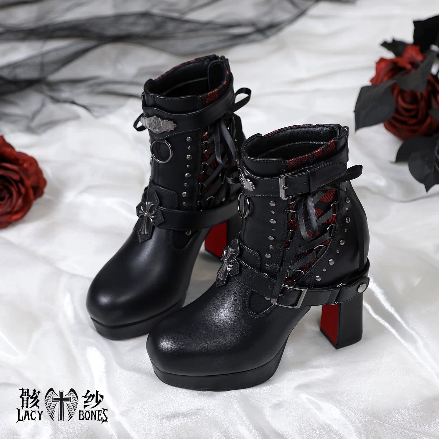 【暗黒の詩】レッドソール×黒紗のゴシックハイヒールブーツ