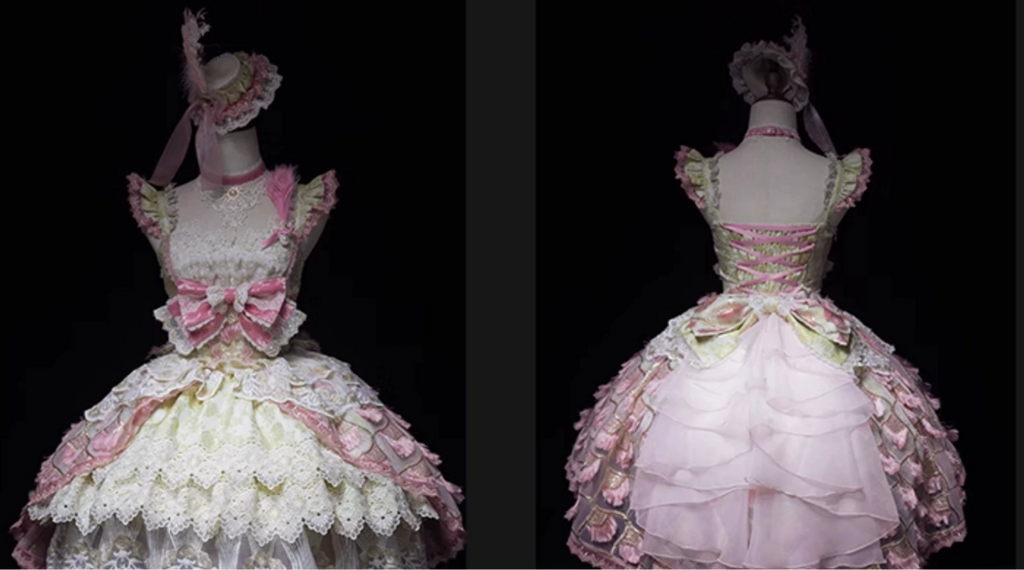 【受注予約6/18まで】Peacock Feather ミニドレス・ピンク×グリーン