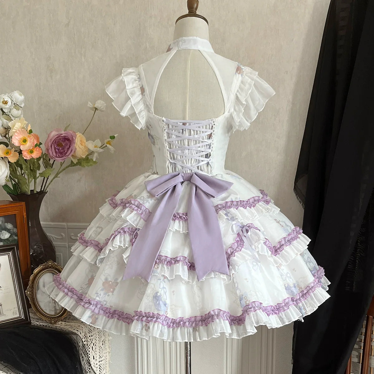 Angel Devil Purple line 3-tier dress with flowers and ribbons