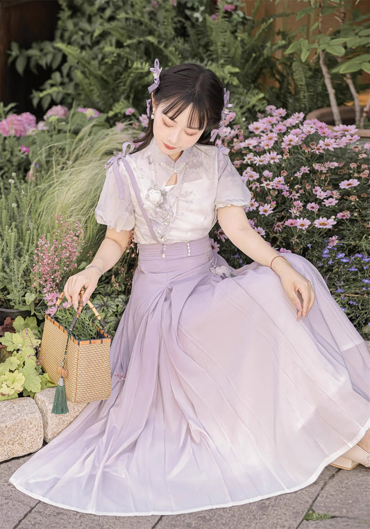 Pearl and Iris Flower Lolita Suspender Skirt and Sheer Blouse