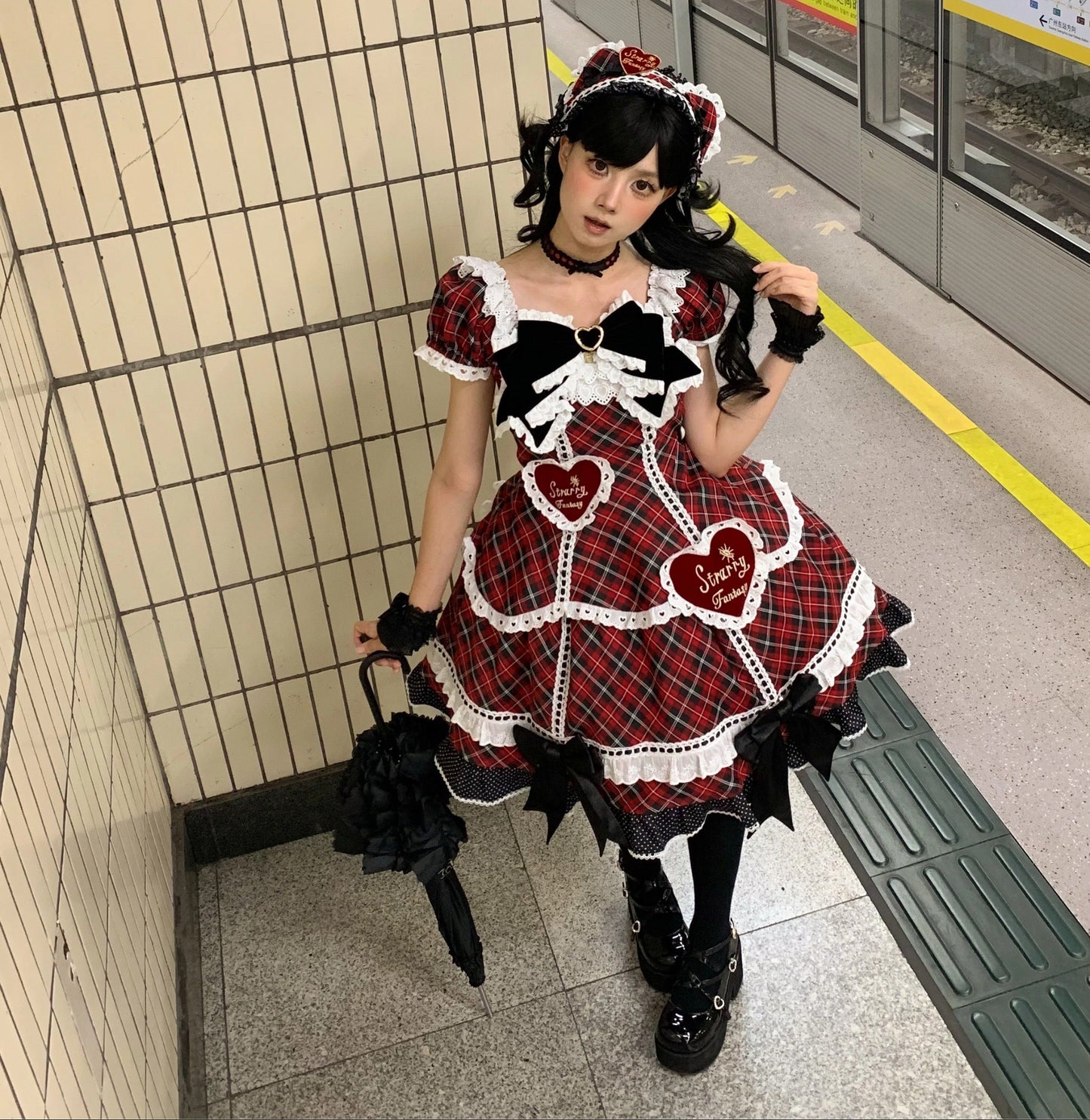 【受注予約11/13まで】Velvet Sweetie Heart チェックの半袖ワンピース・レッド