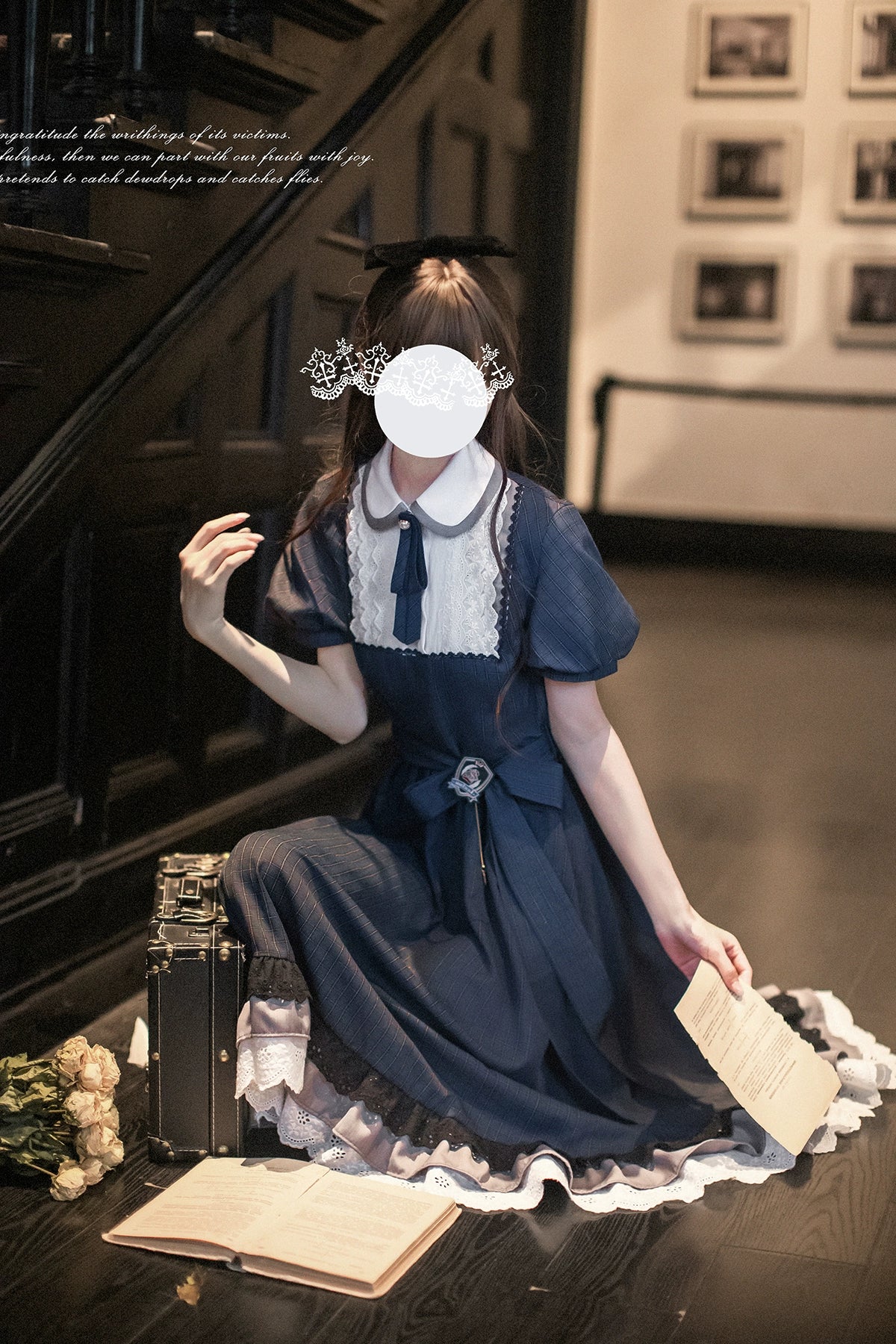 【予約販売】Phyllis ネイビーチェックのエレガントレトロ半袖ワンピース