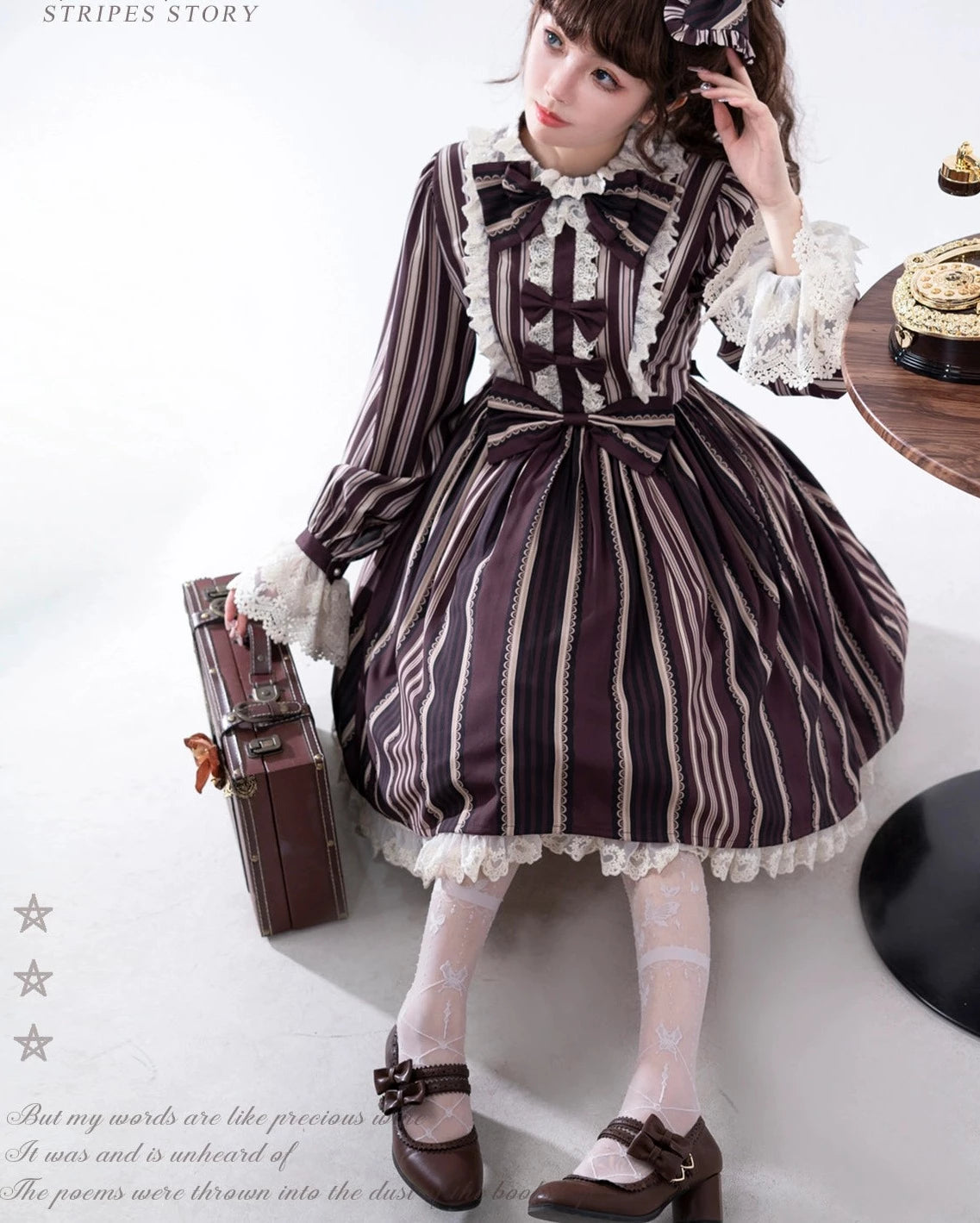 Stripes Story ブラウンワンピース リボンのヘアアクセ付