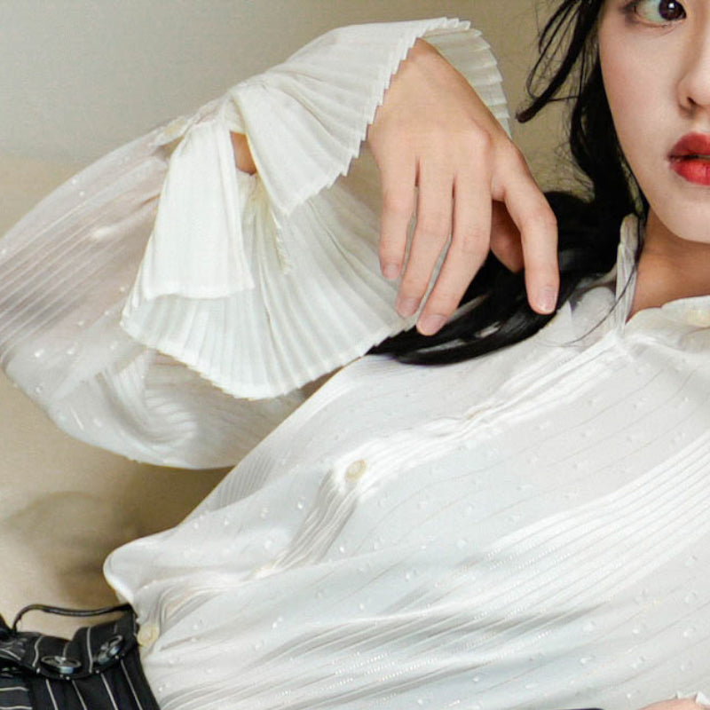 French retro pleated cuff white blouse