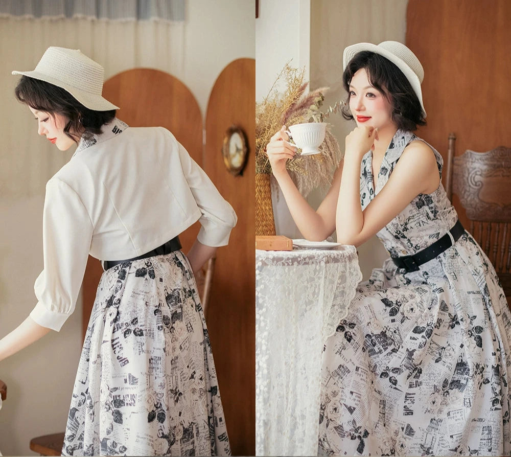 Afternoon Forest Retro Elegant American Sleeve Jumper Skirt with Hair Accessory