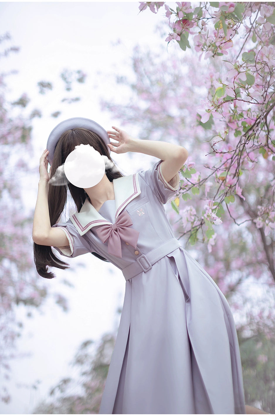 Misty Vine Wisteria Sailor Collar Short Sleeve Dress