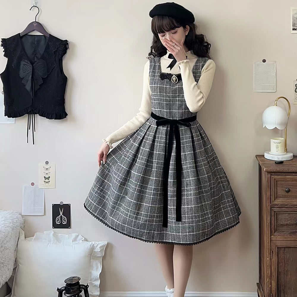 【予約販売】Earl Gray チェックのジャンパースカート・マント・ベレー帽セット