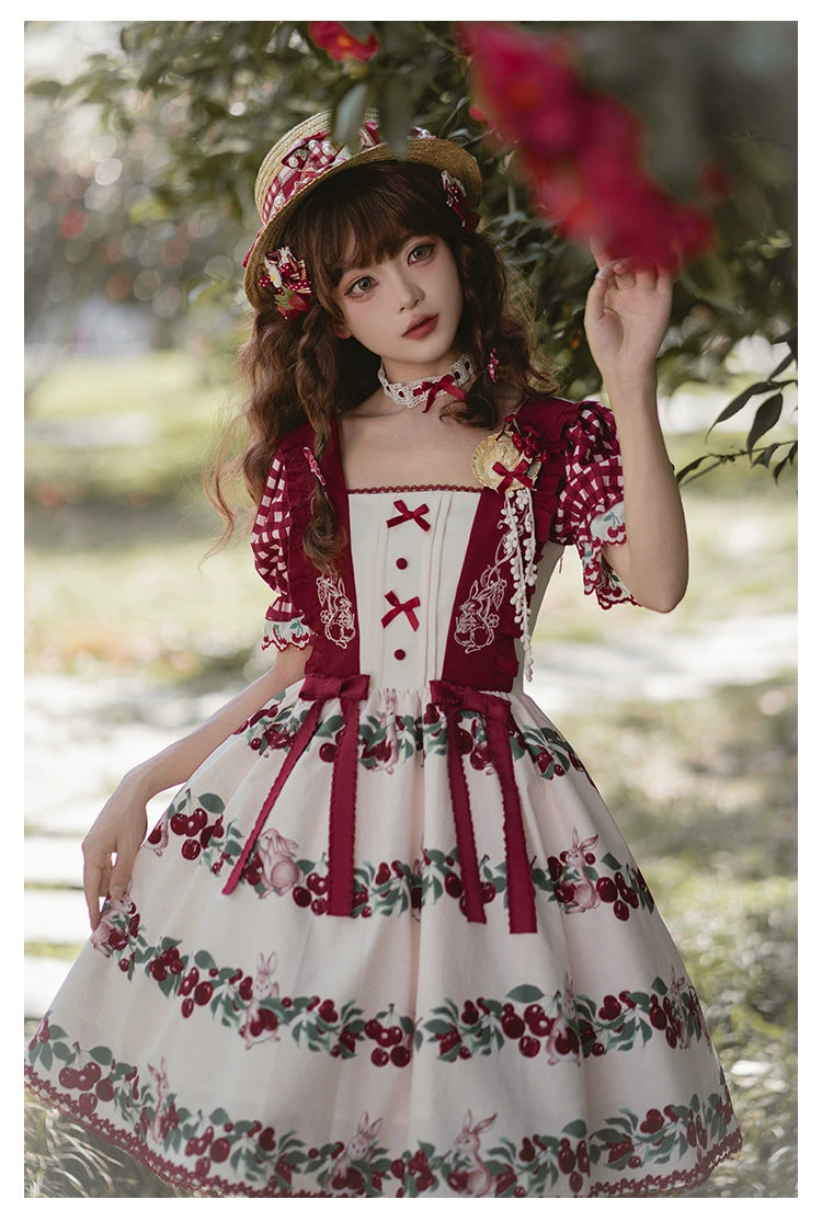 Midsummer Orchard Cherry and Rabbit Short Sleeve Dress