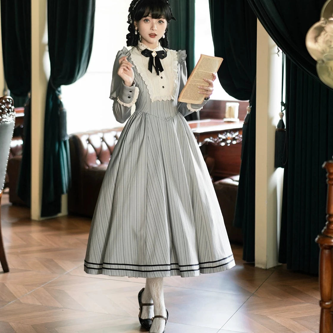 【再販・受注予約受注予約8/18まで】Fog City Morning Bell クラシカルワンピース・グレー
