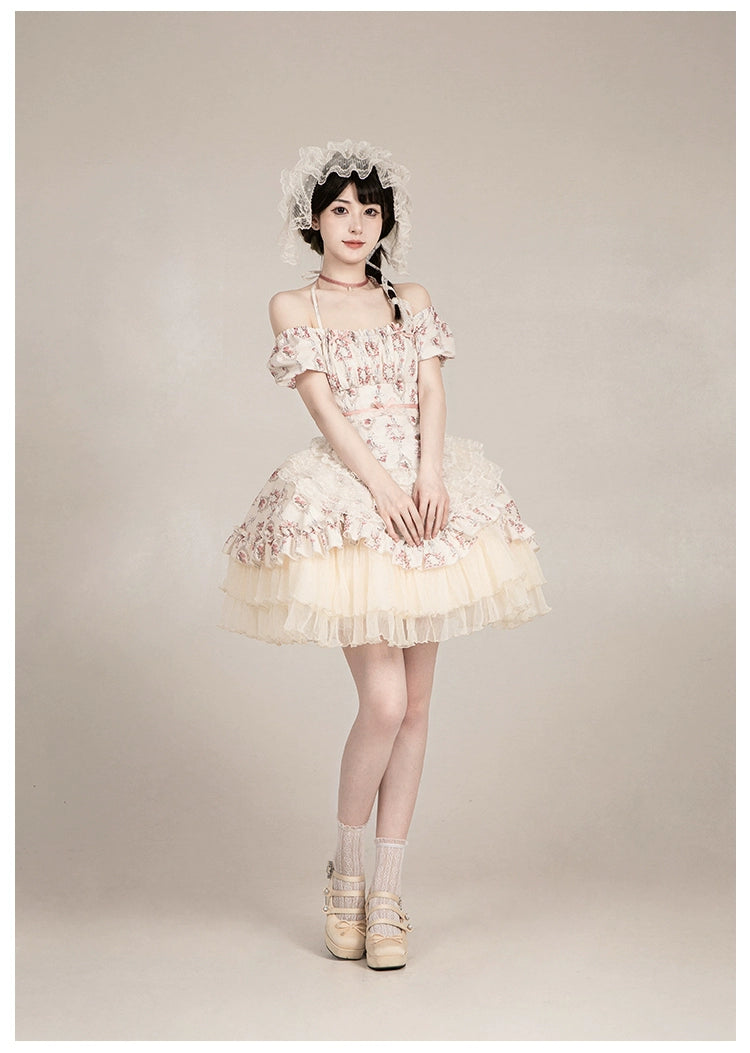 雨上がりの薔薇 プリントワンピース・ショート丈