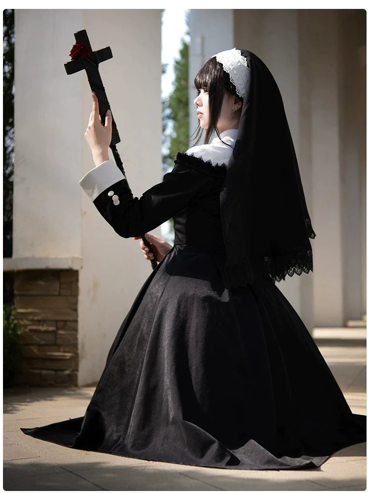 Nun style stand up collar gothic dress