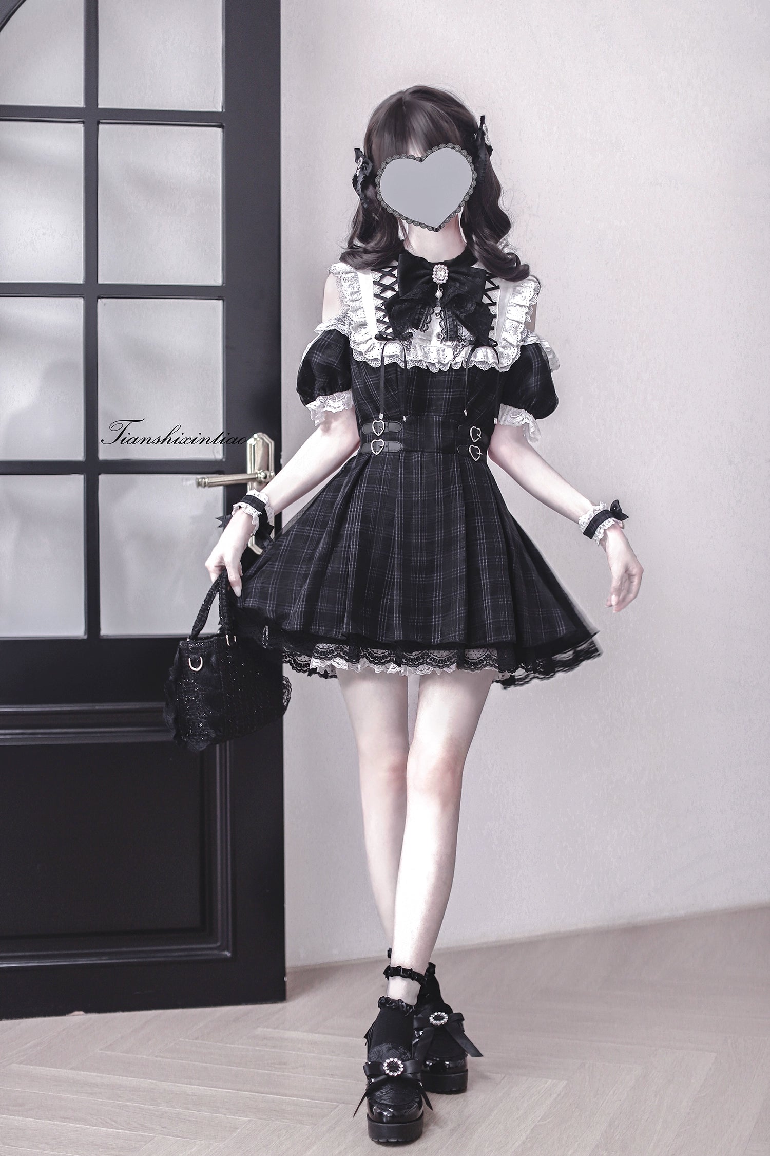 【予約販売】 Angel Heartbeat Black フリルチェックミニ丈ワンピース