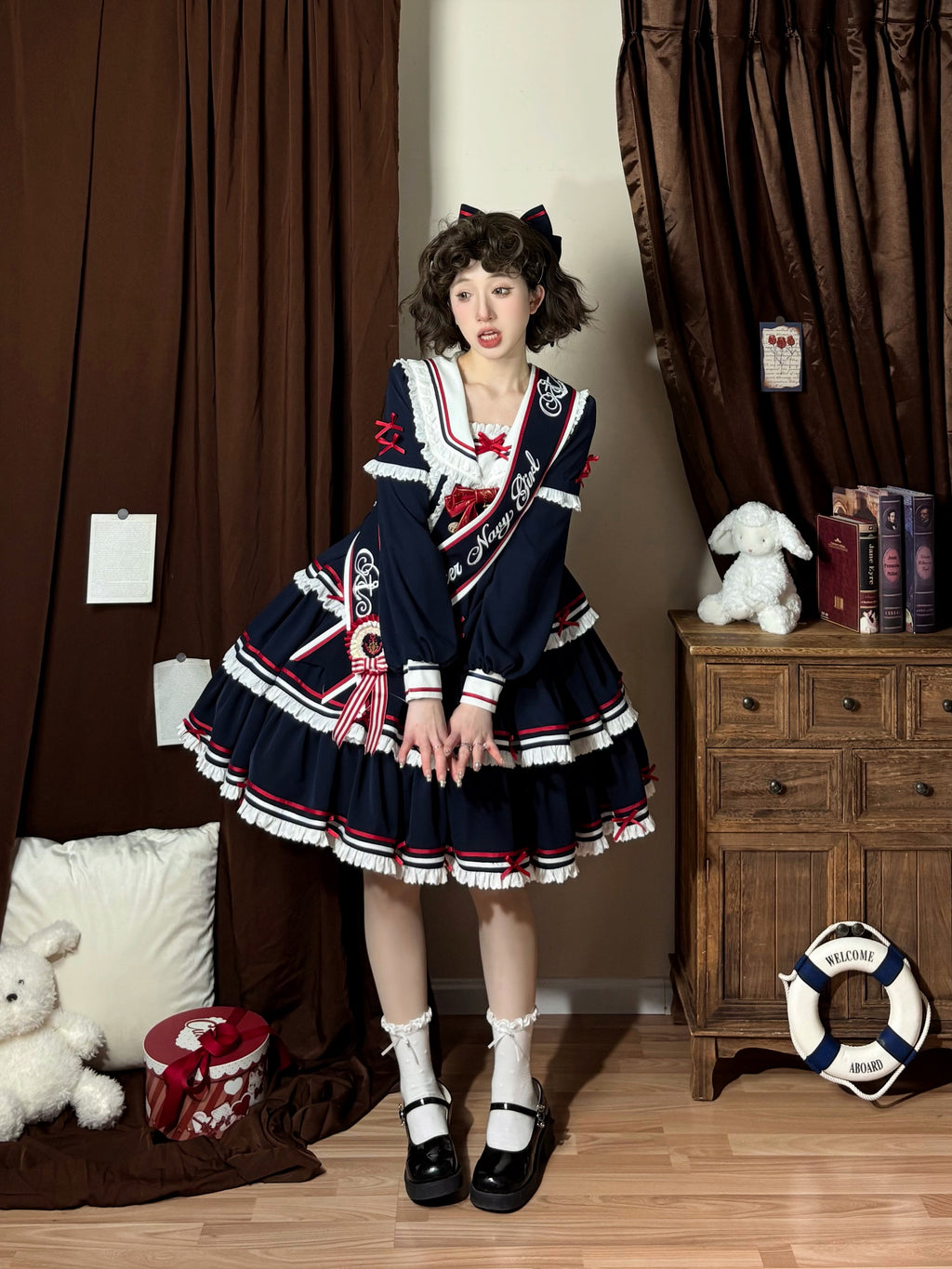 【受注予約4/28まで】セーラー襟と3段フリルの2wayマリンワンピース・ネイビー・ミドル丈