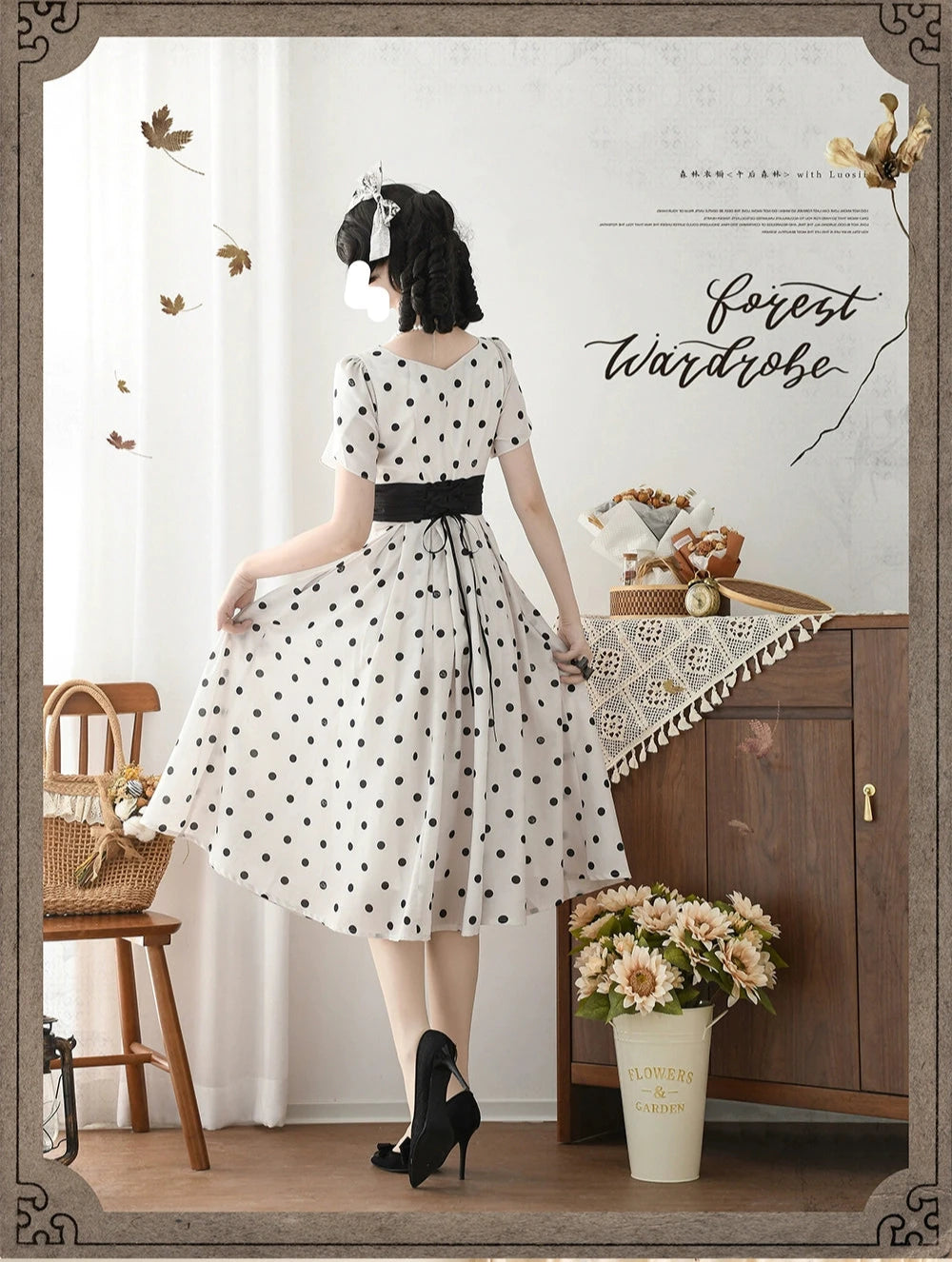 Afternoon Forest Retro Elegant Ribbon Dress with Hair Accessory