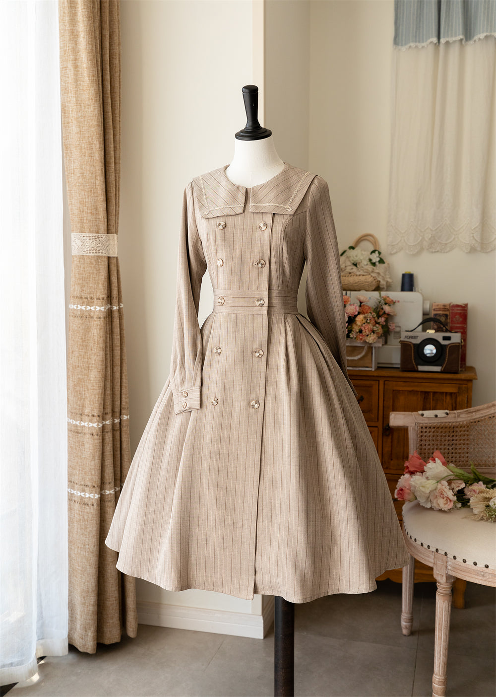 Forest Diary ストライプクラシカルコートワンピース リボンカチューシャ付き