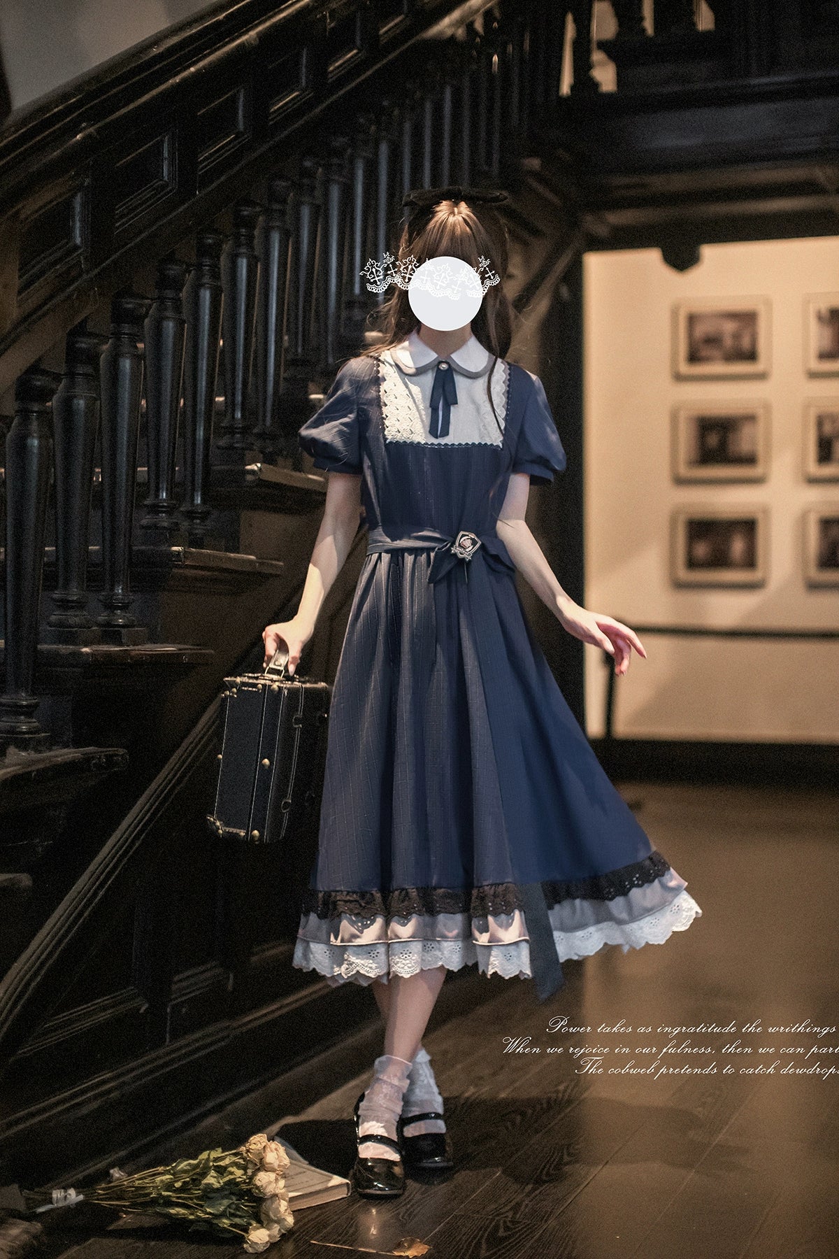 【予約販売】Phyllis ネイビーチェックのエレガントレトロ半袖ワンピース