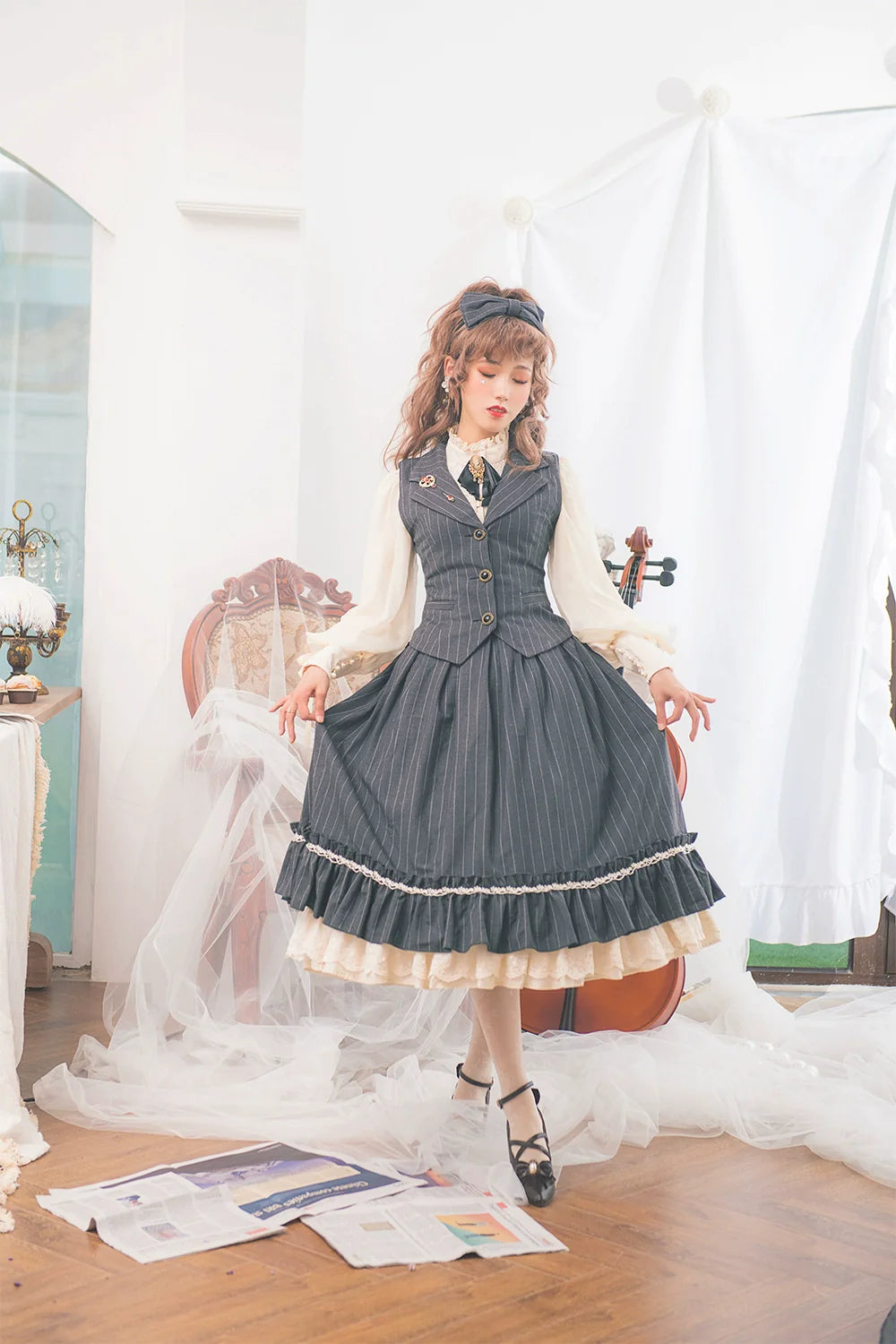 [Pre-order] British Classical Lolita Vertical Striped High Waist Skirt