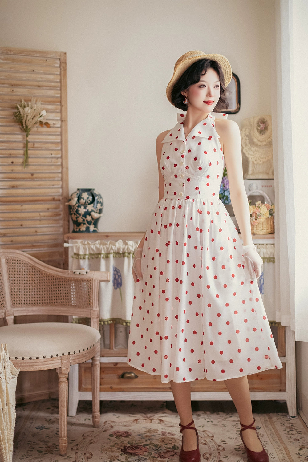 Afternoon Forest Retro Elegant Halter Neck Jumper Skirt with Hair Accessory
