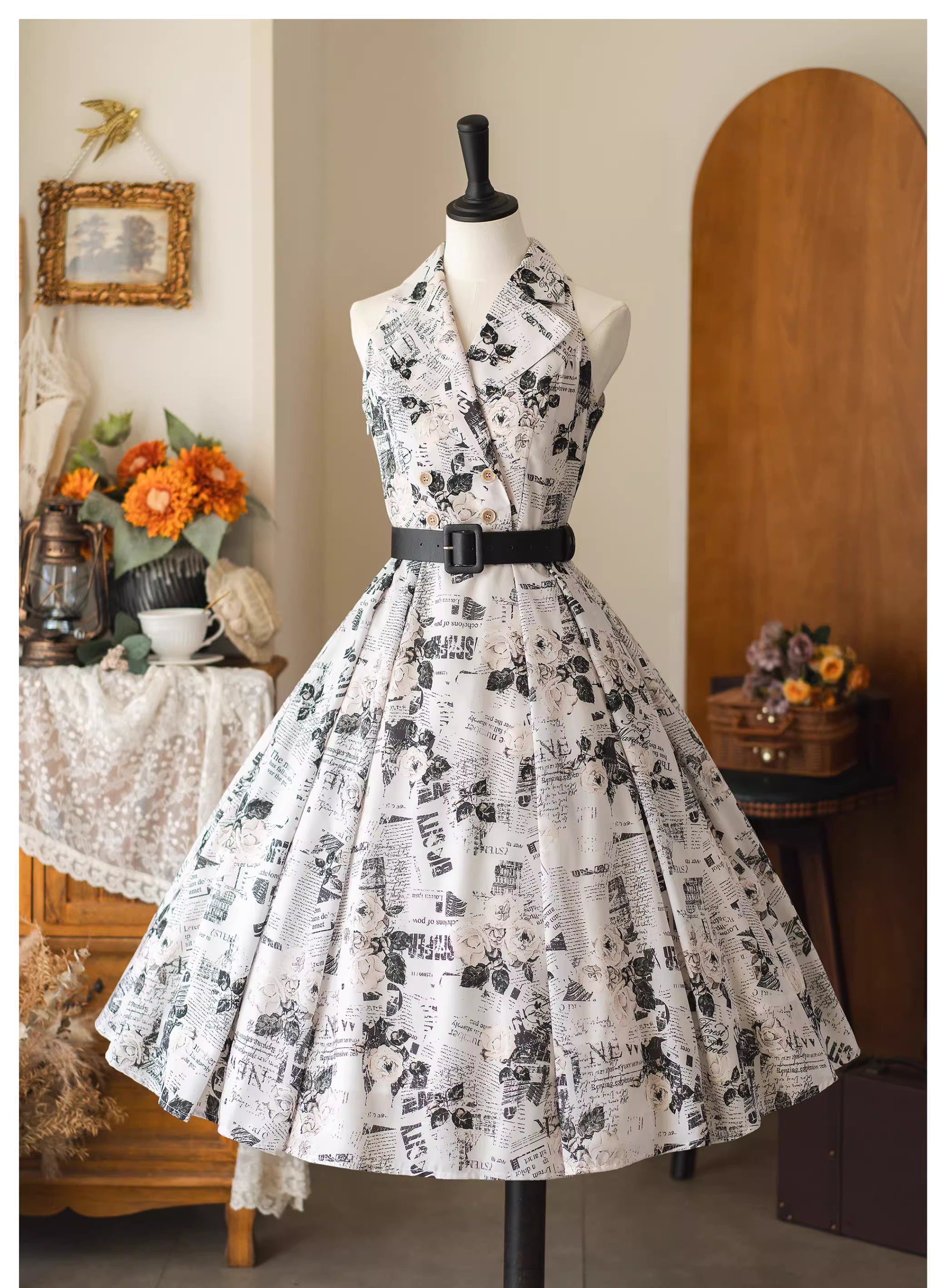 Afternoon Forest Retro Elegant American Sleeve Jumper Skirt with Hair Accessory