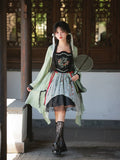 白緑 竹模様のスクエアネックワンピース
