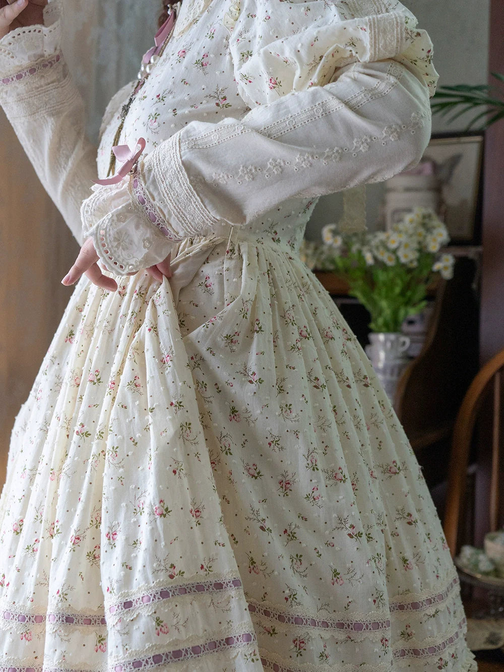 【予約販売】Pink Flower 小花模様のボタン付コットンワンピース