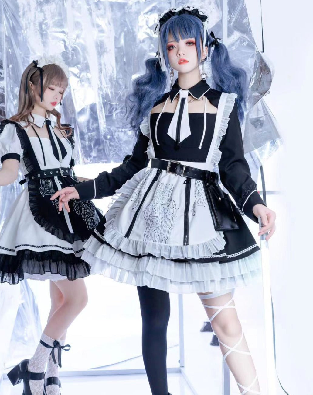 【アウトレット】SFメイド ゴスロリエプロン付き長袖ワンピース・ブラック・3XL・即納