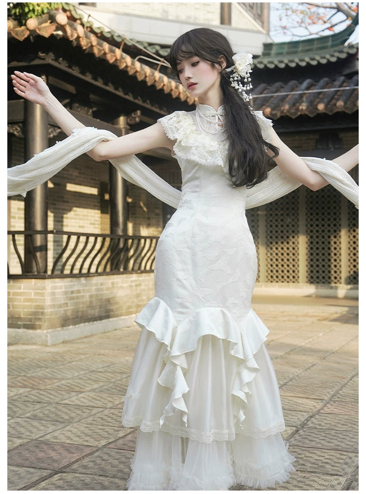 白百合色のフィッシュテール華ロリドレス