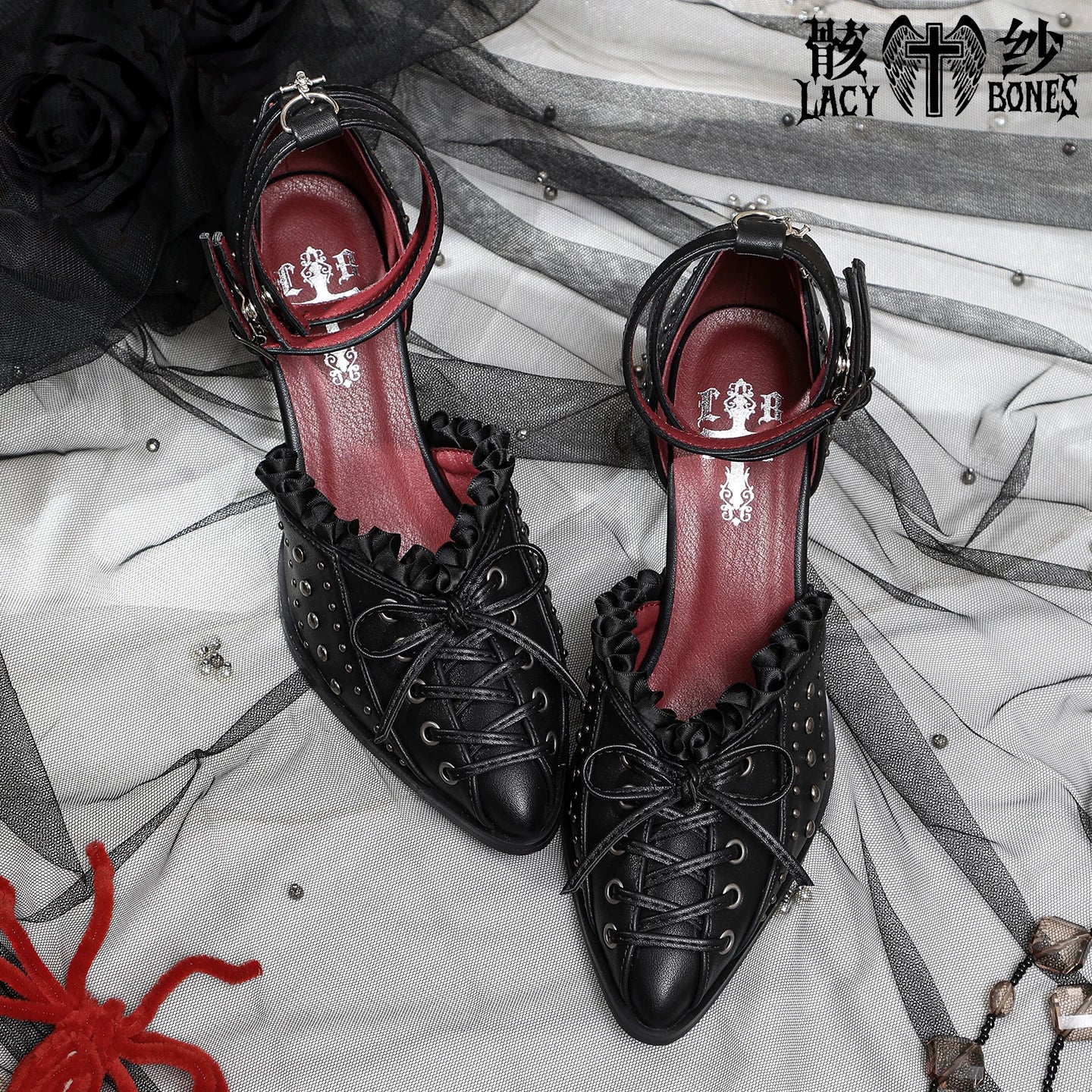 【Twilight Stud Vow】鋲×レース ダークゴシックポインテッドトゥパンプス