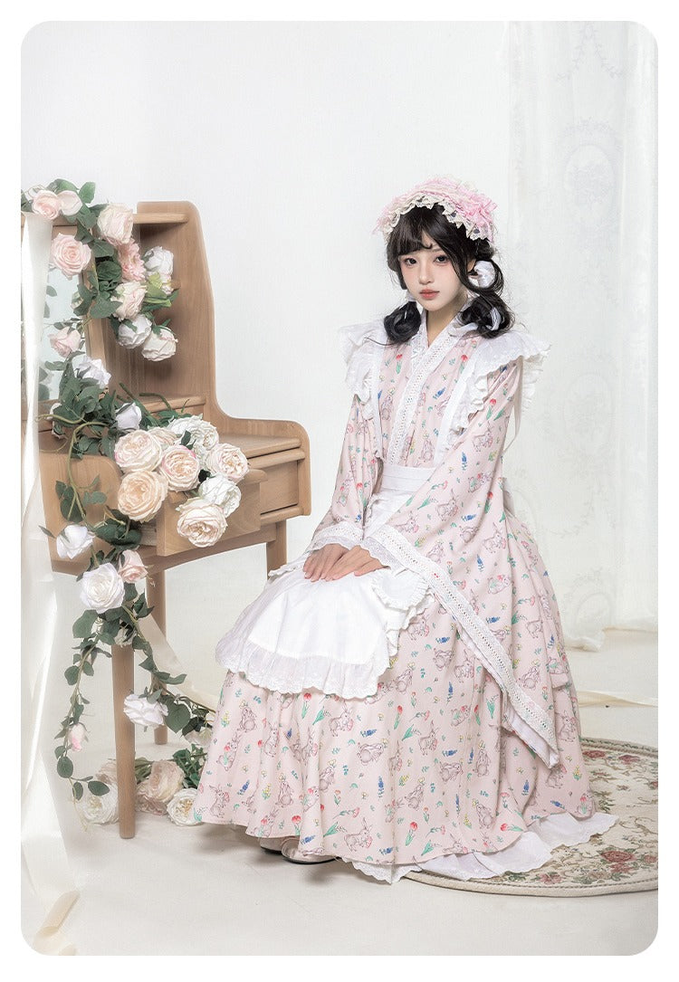 Hana Kikou Japanese Lolita Maid Style Apron Dress Long Length