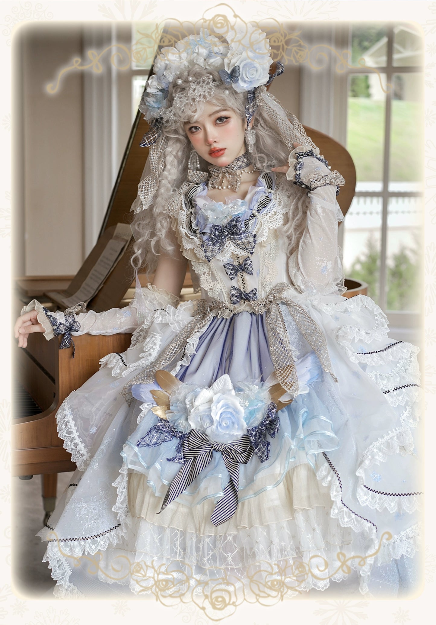 【受注予約8/13まで】Snow Rose Princess トレーン付きドレス・パステルブルー