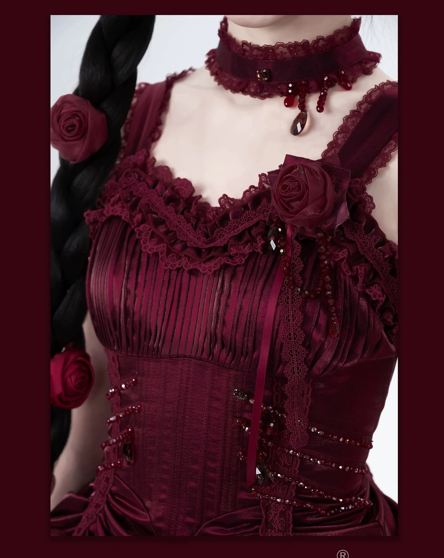 [Sale period ended] Rose Knight III Satin and organdy gothic dress [Wine red]