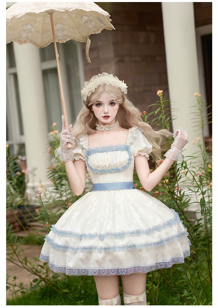 【予約販売】Sea Salt Iced Tea ライトブルージャガードワンピースセット・ショート丈