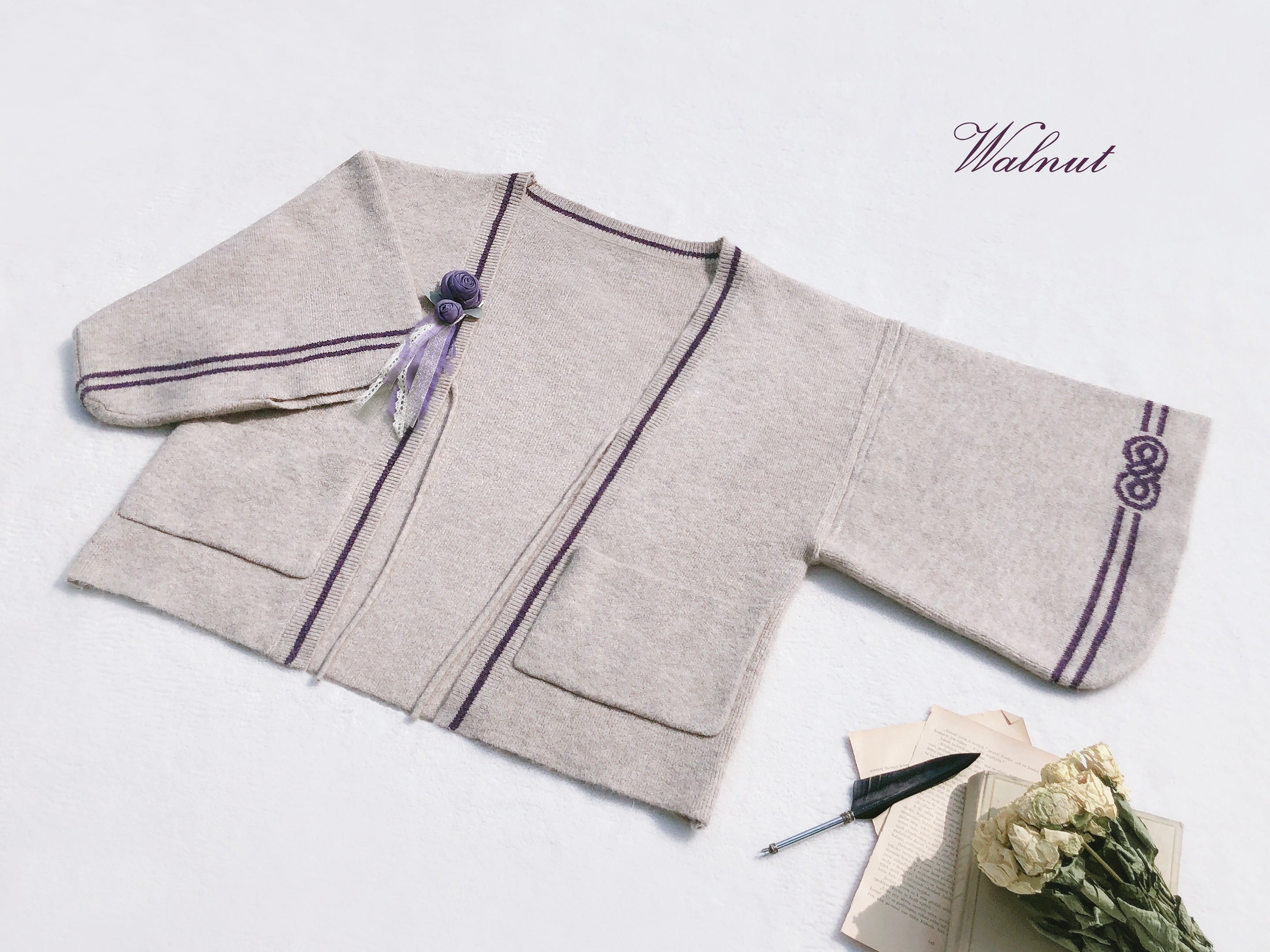 Japanese-style deep purple jumper skirt and blouse, haori, ribbon tie, corsage only