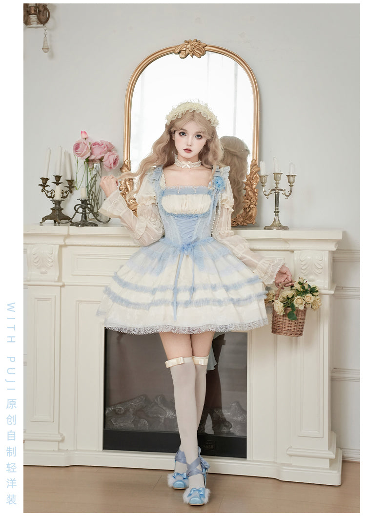 【予約販売】Sea Salt Iced Tea ライトブルージャガードワンピースセット・ショート丈