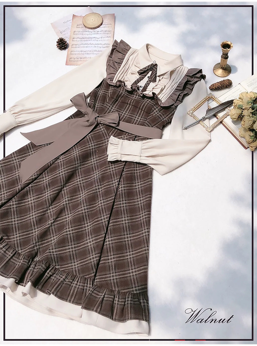 Tartan plaid pattern switching dress with ribbon tie