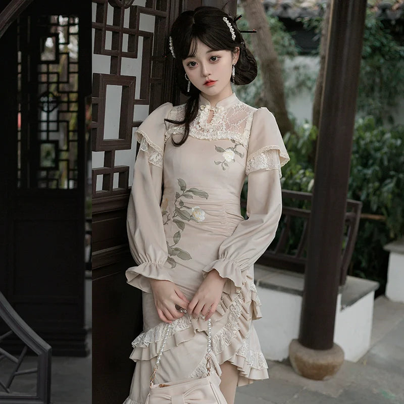 White camellia Chinese dress style one-piece