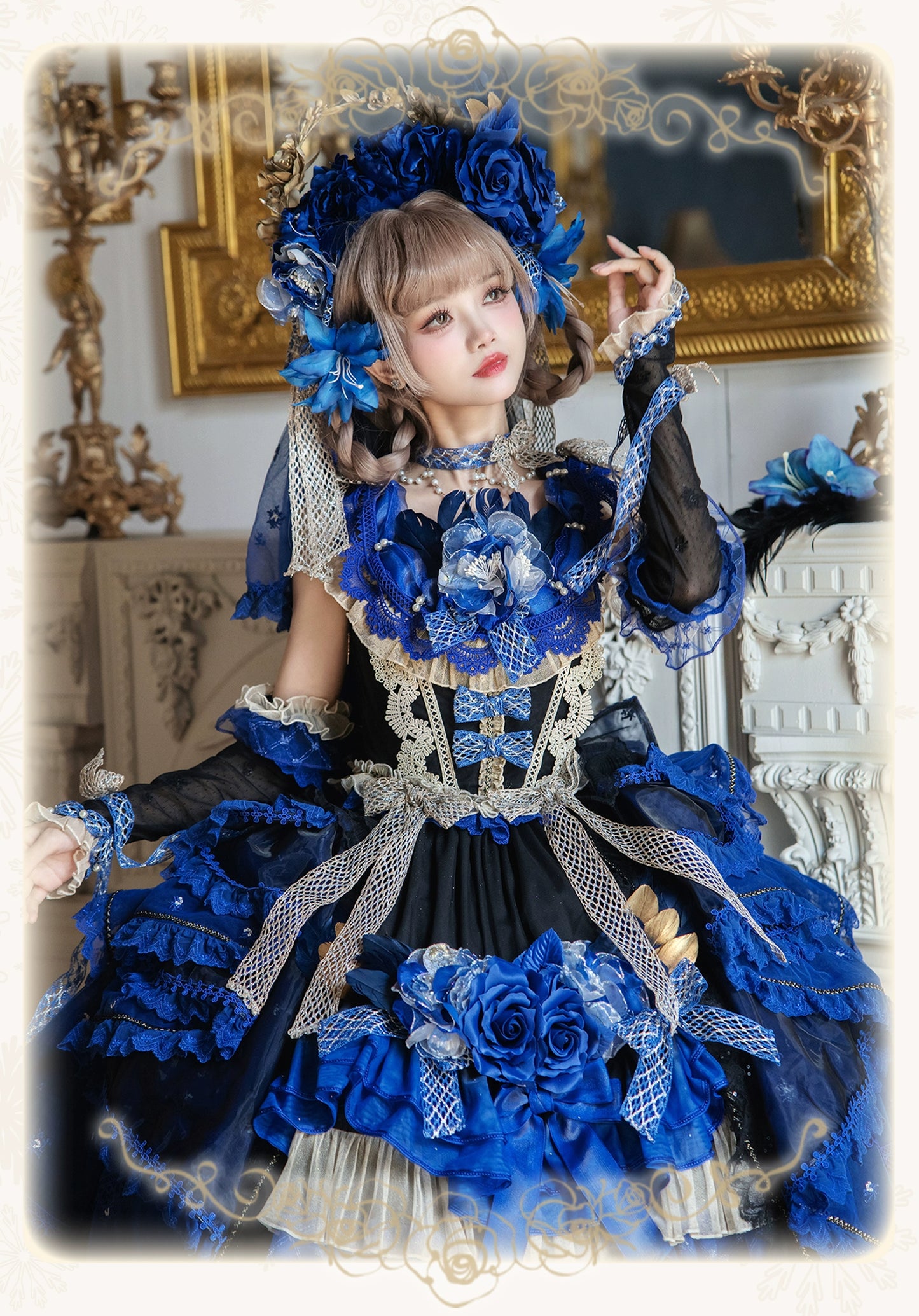 【受注予約8/13まで】Snow Rose Princess トレーン付きドレス・ブルー×ブラック（ゴールド）