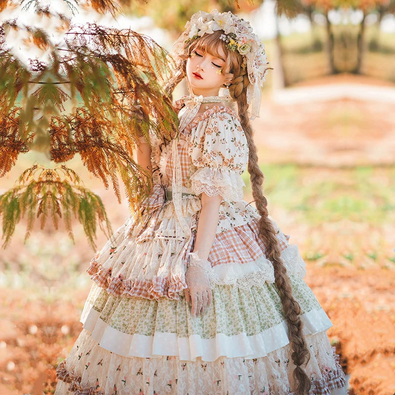 小花柄フレンチカントリーワンピース ヘッドドレス・エプロン付き