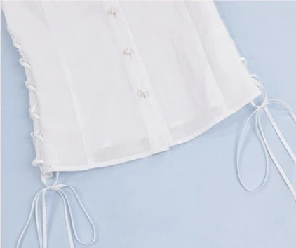 Frill Waist Drawstring White Blouse / Short Sleeves