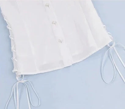 Frill Waist Drawstring White Blouse / Long Sleeves