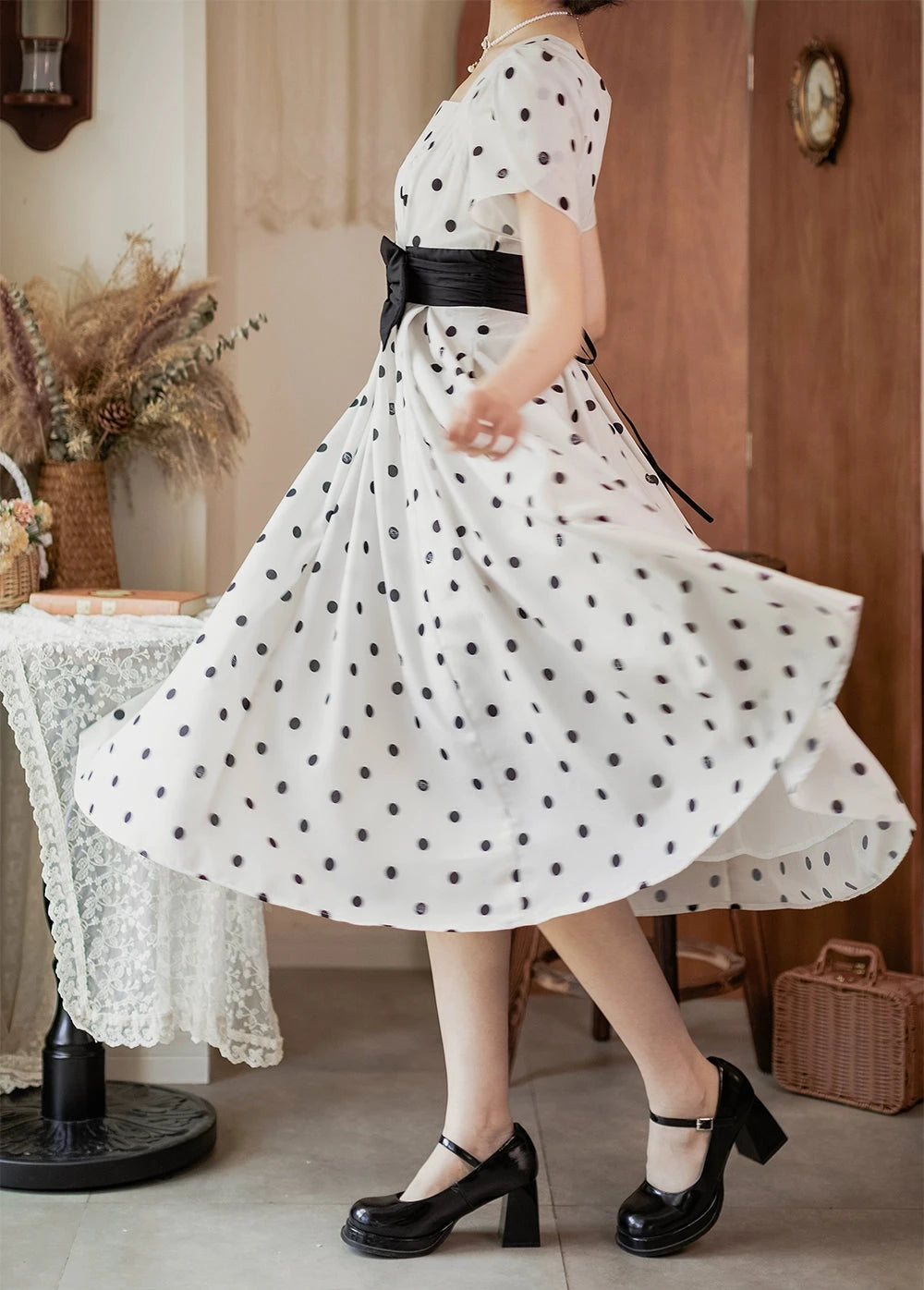 Afternoon Forest Retro Elegant Ribbon Dress with Hair Accessory