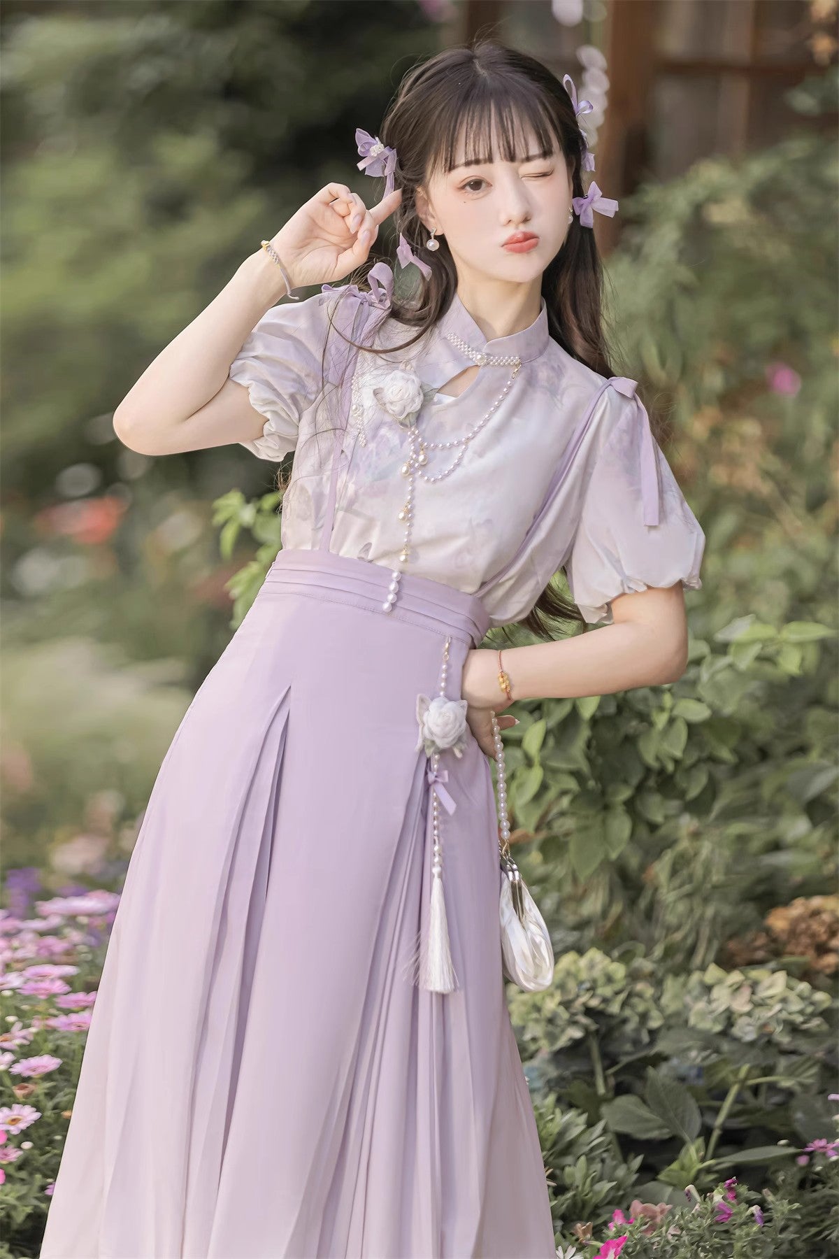 Pearl and Iris Flower Lolita Suspender Skirt and Sheer Blouse