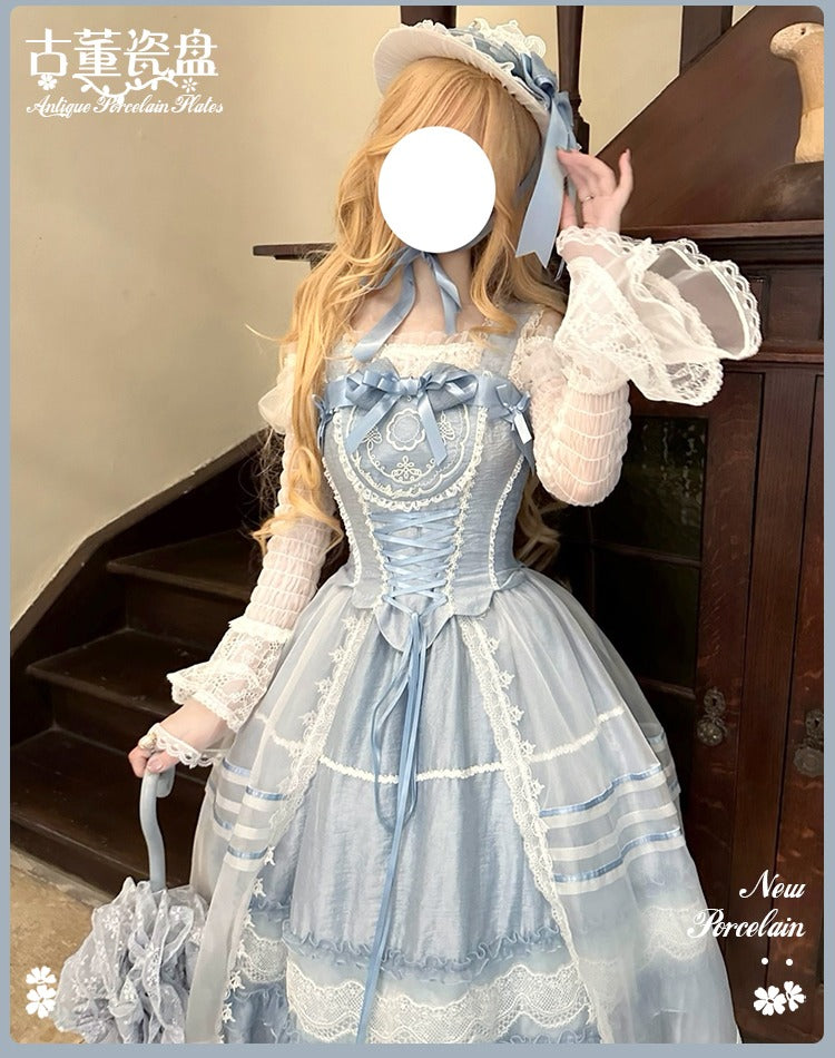 Antique Porcelain Plates Off-the-shoulder Blouse