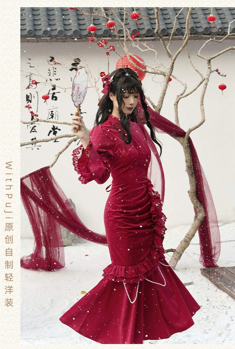 紅蝶 バタフライ刺繍のチャイナ風ドレス