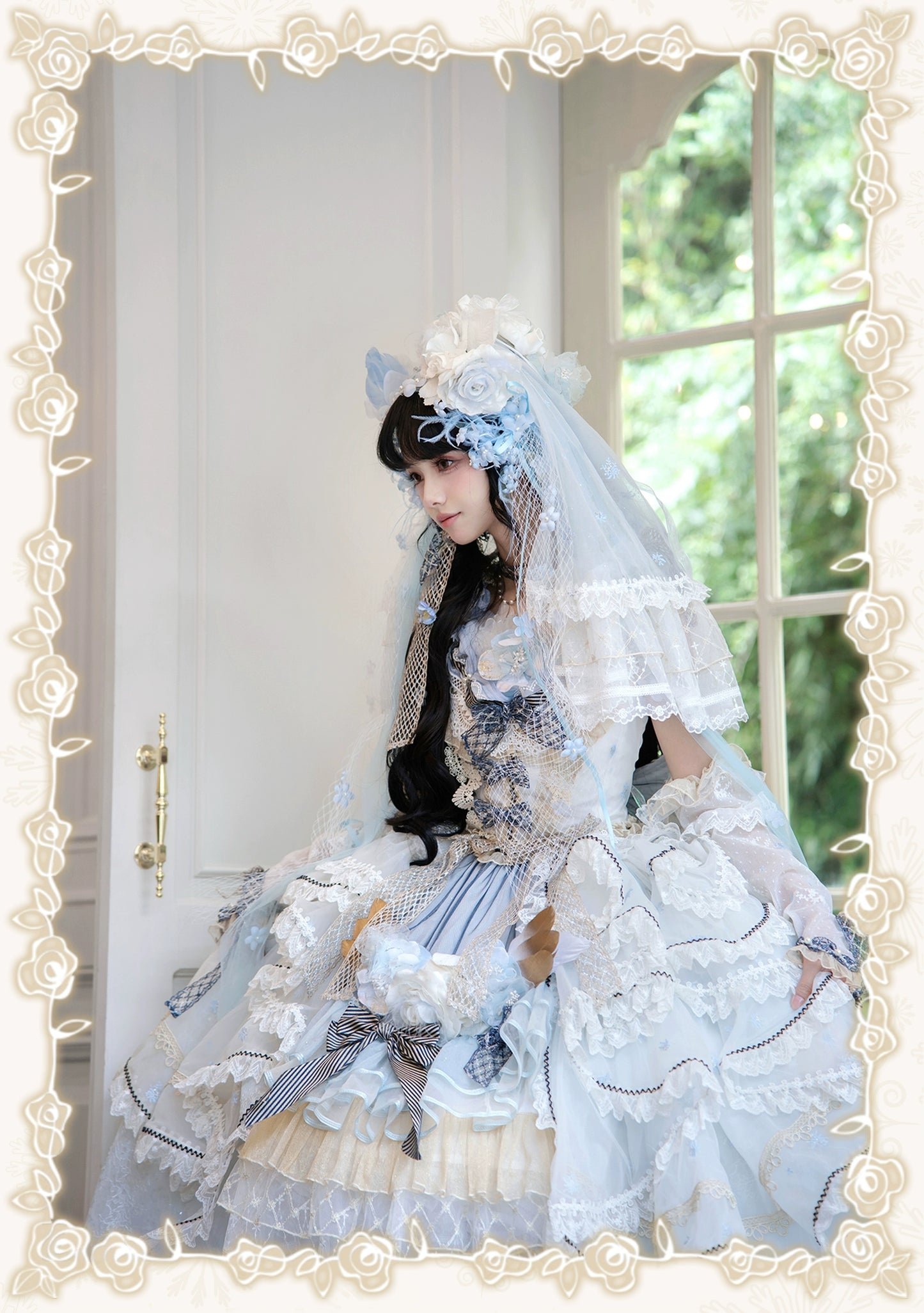 【受注予約8/13まで】Snow Rose Princess トレーン付きドレス・パステルブルー