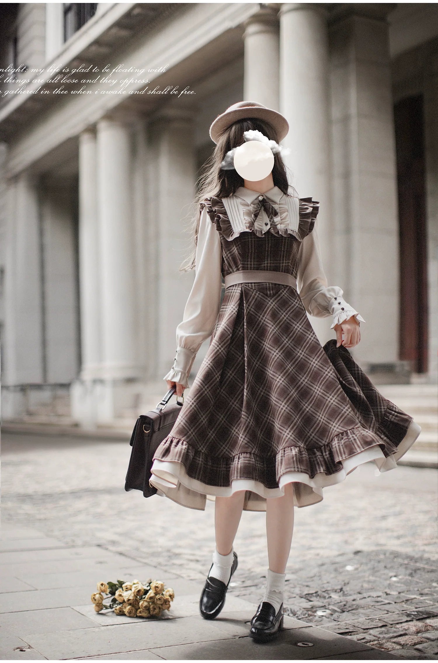 Tartan plaid pattern switching dress with ribbon tie