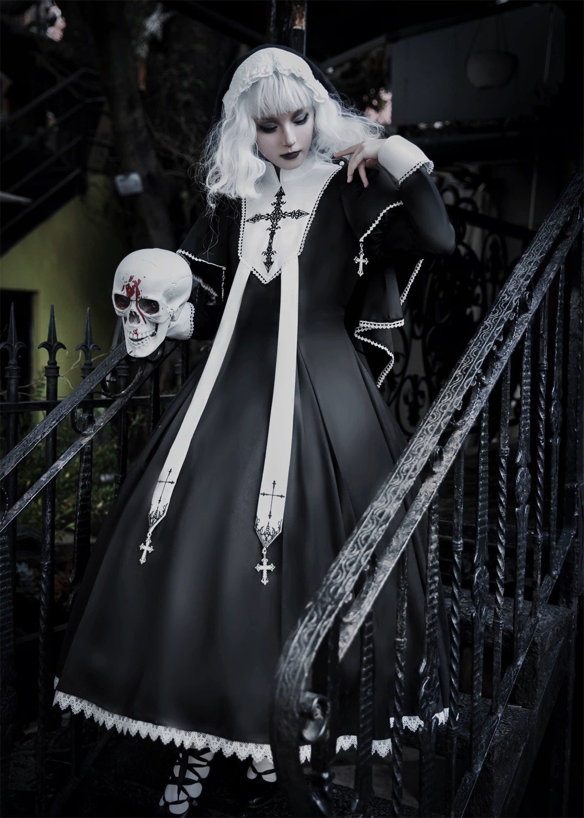 Nun-style cross-design gothic lolita long dress and cape