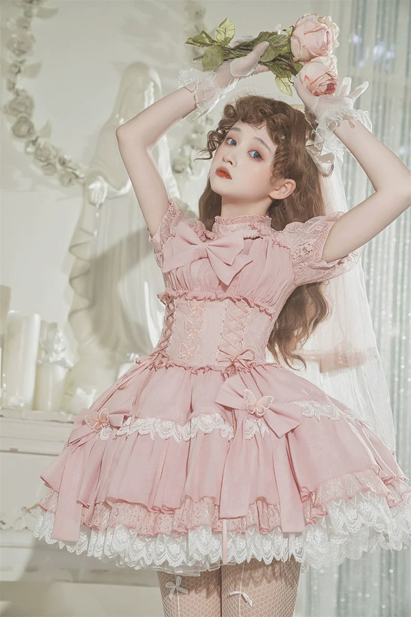 Baby Pink クロスリボンのコルセット風半袖ワンピース