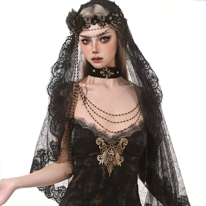 【DarkGothic】レース×チュール ファブリックフラワーベール | ダークゴシック